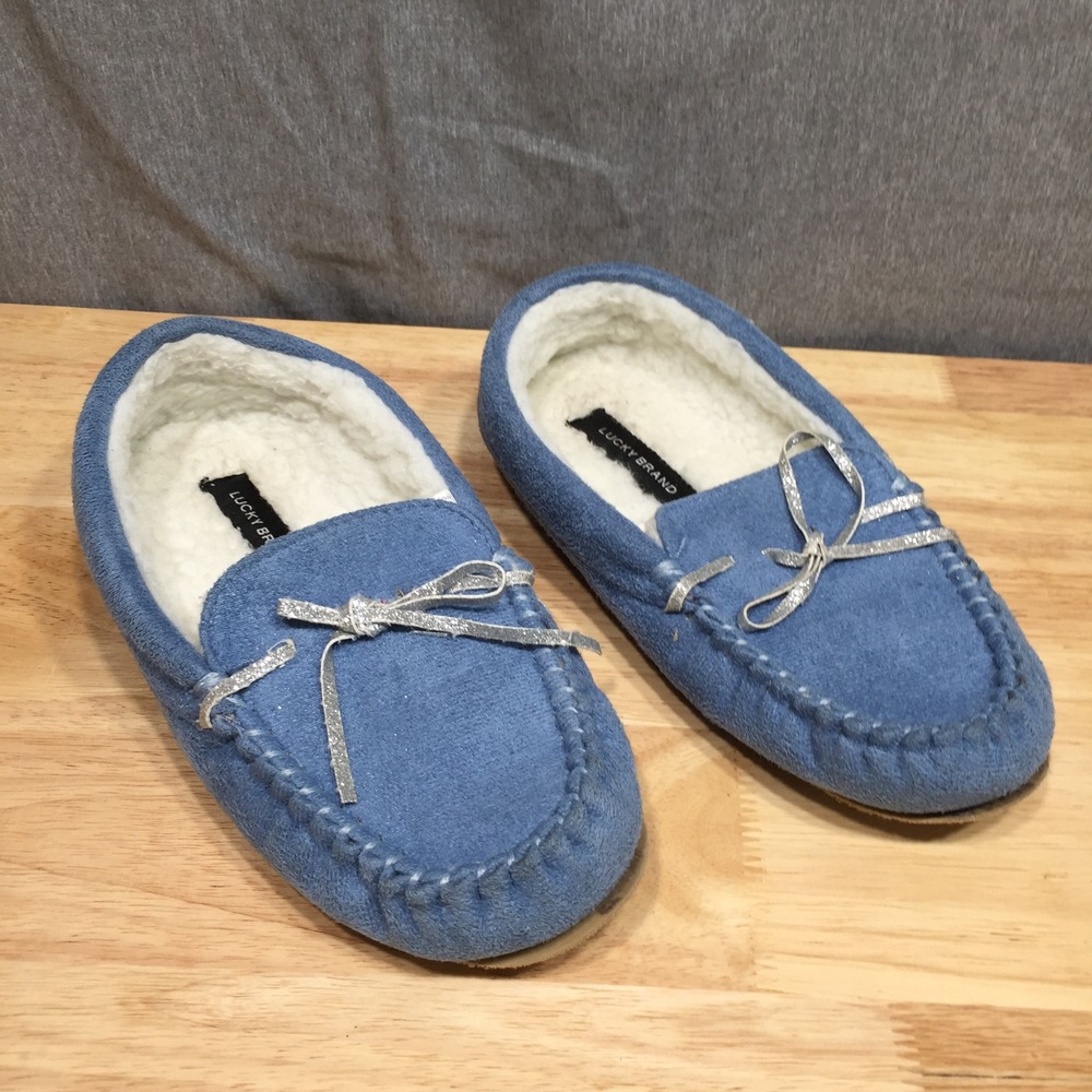 Lucky Brand Girls Blue Faux Fur Lined‎ Moccasin Slippers Silver Bow Size L 2-3